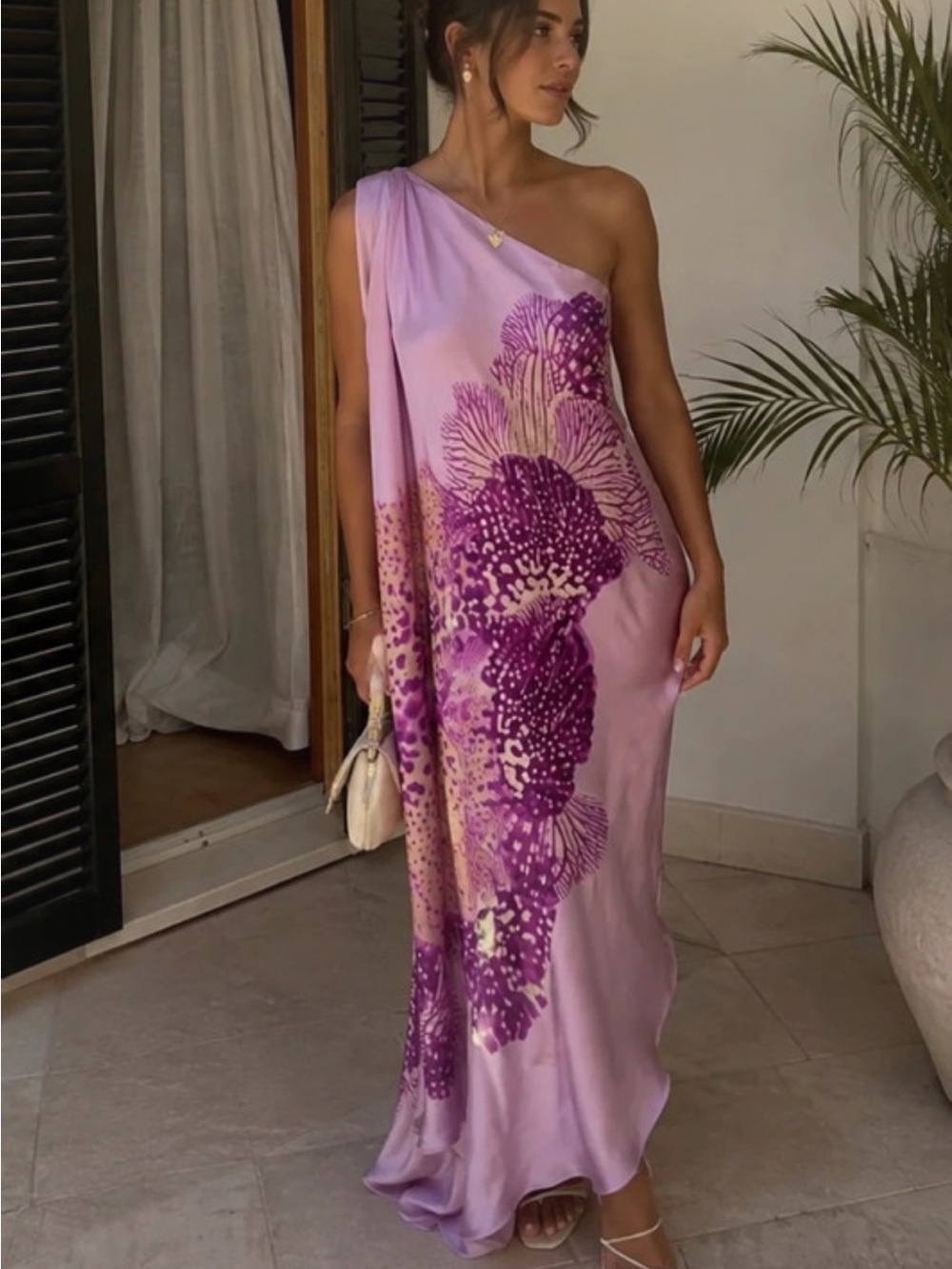 Mango One-Shoulder Lilac Floral Maxi Dress